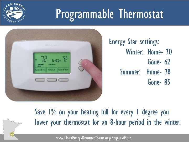 Programmable Thermostat Energy Star settings: Winter: Home- 70 Gone- 62 Summer: Home- 78 Gone-