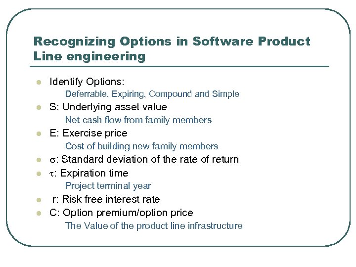 Recognizing Options in Software Product Line engineering l Identify Options: Deferrable, Expiring, Compound and