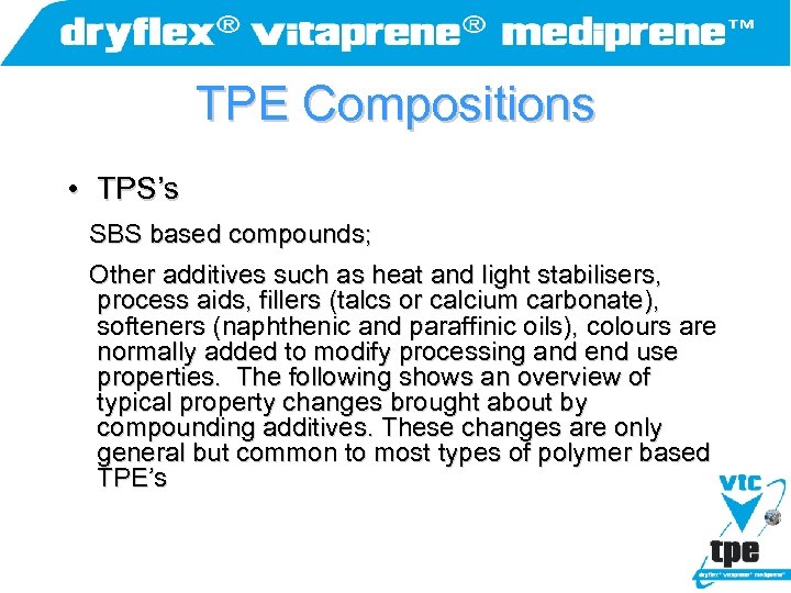 TPE Compositions • TPS’s SBS based compounds; Other additives such as heat and light