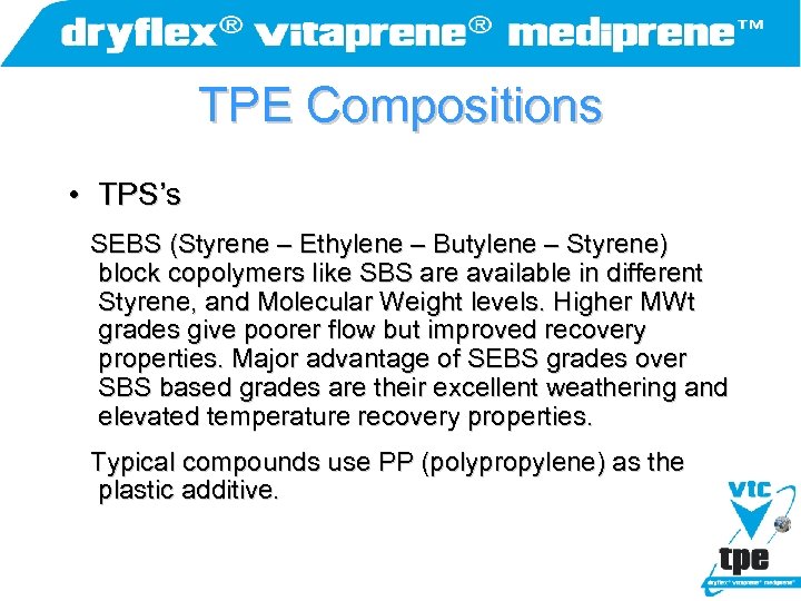 TPE Compositions • TPS’s SEBS (Styrene – Ethylene – Butylene – Styrene) block copolymers