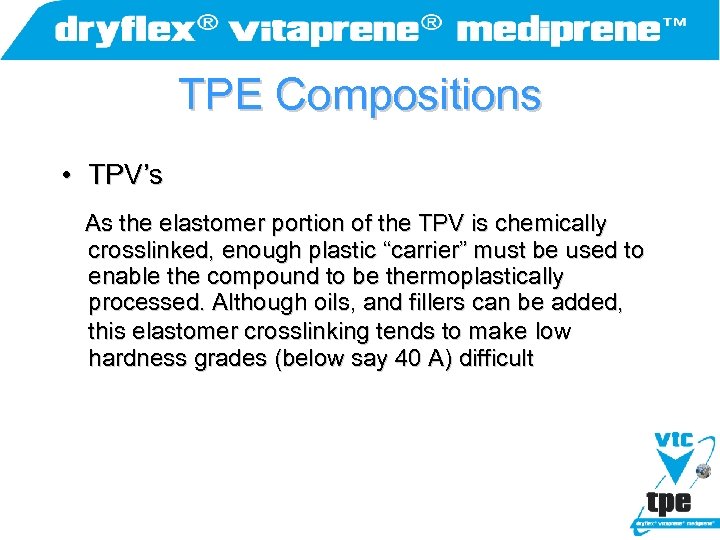 TPE Compositions • TPV’s As the elastomer portion of the TPV is chemically crosslinked,