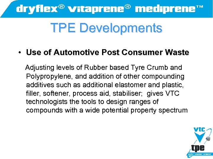 TPE Developments • Use of Automotive Post Consumer Waste Adjusting levels of Rubber based