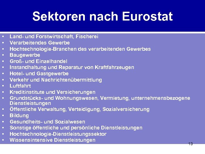 Sektoren nach Eurostat • • • • • Land- und Forstwirtschaft, Fischerei Verarbeitendes Gewerbe