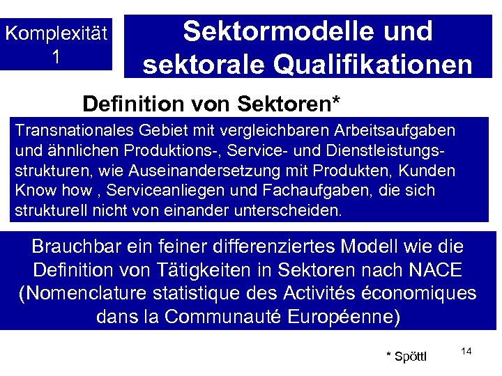 Komplexität 1 Sektormodelle und sektorale Qualifikationen Definition von Sektoren* Transnationales Gebiet mit vergleichbaren Arbeitsaufgaben