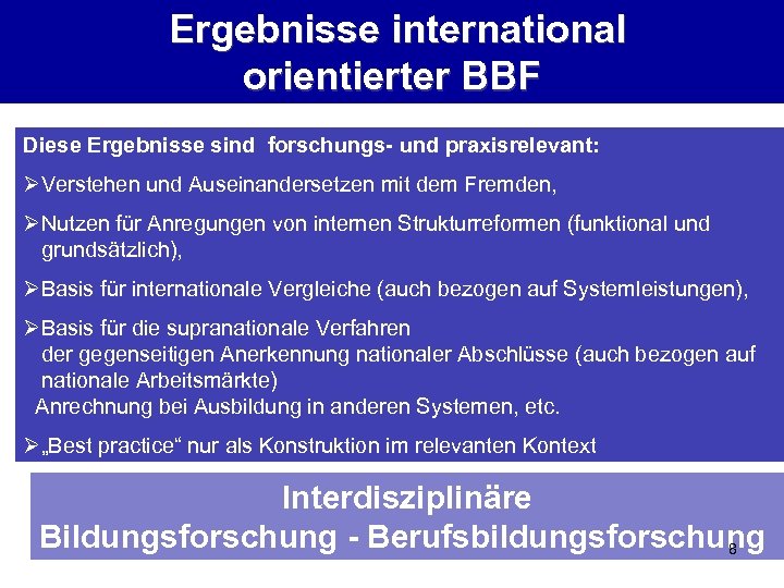 Ergebnisse international orientierter BBF Diese Ergebnisse sind forschungs- und praxisrelevant: ØVerstehen und Auseinandersetzen mit