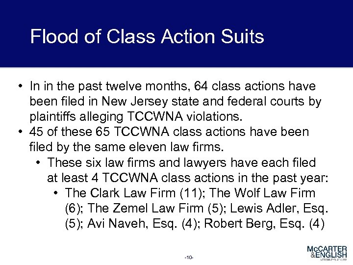 Flood of Class Action Suits • In in the past twelve months, 64 class