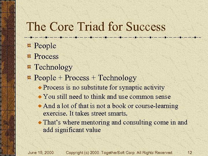 The Core Triad for Success People Process Technology People + Process + Technology Process