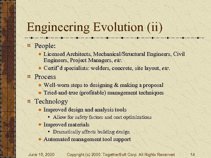 Engineering Evolution (ii) People: Licensed Architects, Mechanical/Structural Engineers, Civil Engineers, Project Managers, etc. Certif’d