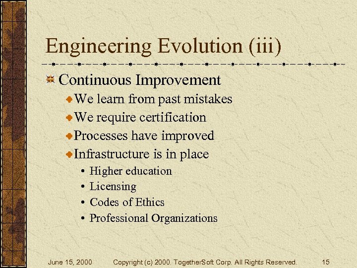 Engineering Evolution (iii) Continuous Improvement We learn from past mistakes We require certification Processes