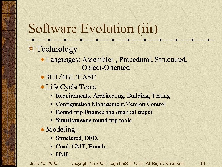 Software Evolution (iii) Technology Languages: Assembler , Procedural, Structured, Object-Oriented 3 GL/4 GL/CASE Life