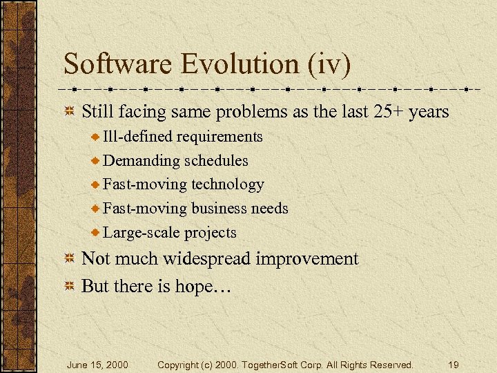 Software Evolution (iv) Still facing same problems as the last 25+ years Ill-defined requirements