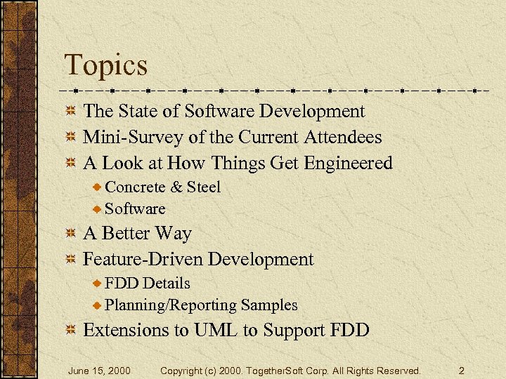 Topics The State of Software Development Mini-Survey of the Current Attendees A Look at