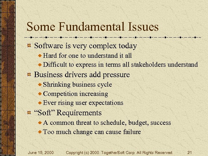 Some Fundamental Issues Software is very complex today Hard for one to understand it