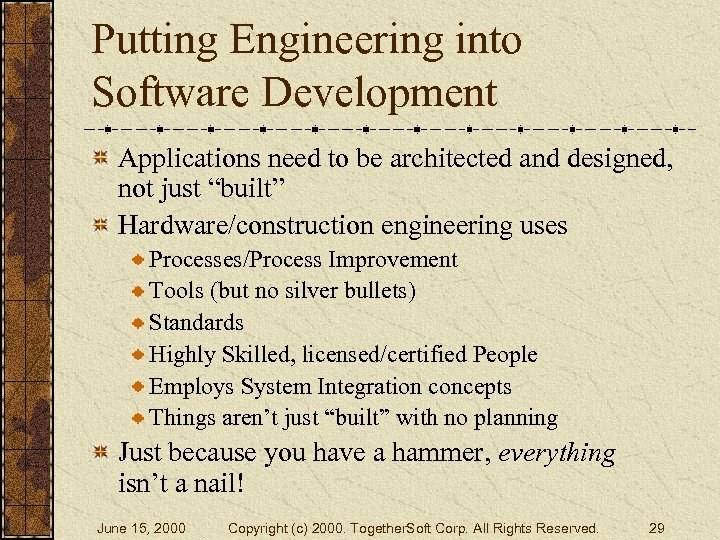 Putting Engineering into Software Development Applications need to be architected and designed, not just