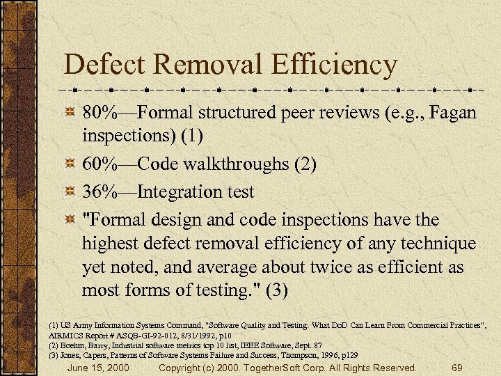 Defect Removal Efficiency 80%—Formal structured peer reviews (e. g. , Fagan inspections) (1) 60%—Code