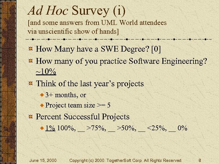 Ad Hoc Survey (i) [and some answers from UML World attendees via unscientific show