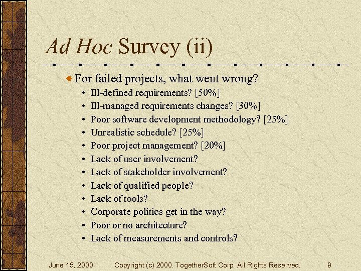 Ad Hoc Survey (ii) For failed projects, what went wrong? • • • Ill-defined