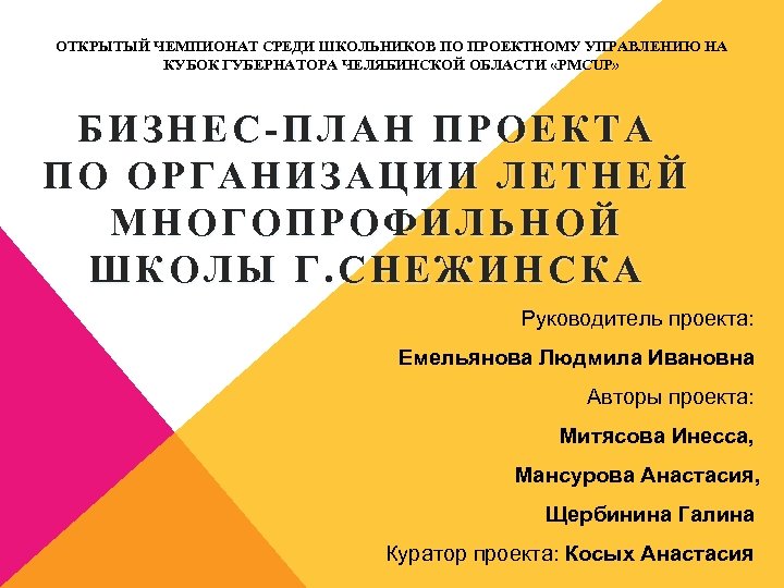 ОТКРЫТЫЙ ЧЕМПИОНАТ СРЕДИ ШКОЛЬНИКОВ ПО ПРОЕКТНОМУ УПРАВЛЕНИЮ НА КУБОК ГУБЕРНАТОРА ЧЕЛЯБИНСКОЙ ОБЛАСТИ «РМCUP» БИЗНЕС-ПЛАН