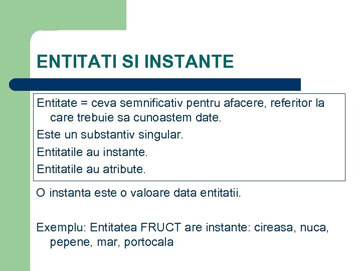 ENTITATI SI INSTANTE Entitate = ceva semnificativ pentru afacere, referitor la care trebuie sa