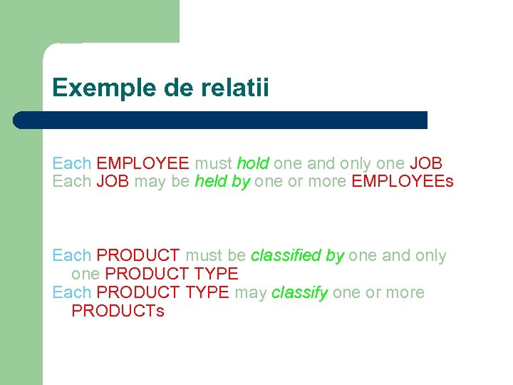 Exemple de relatii Each EMPLOYEE must hold one and only one JOB Each JOB