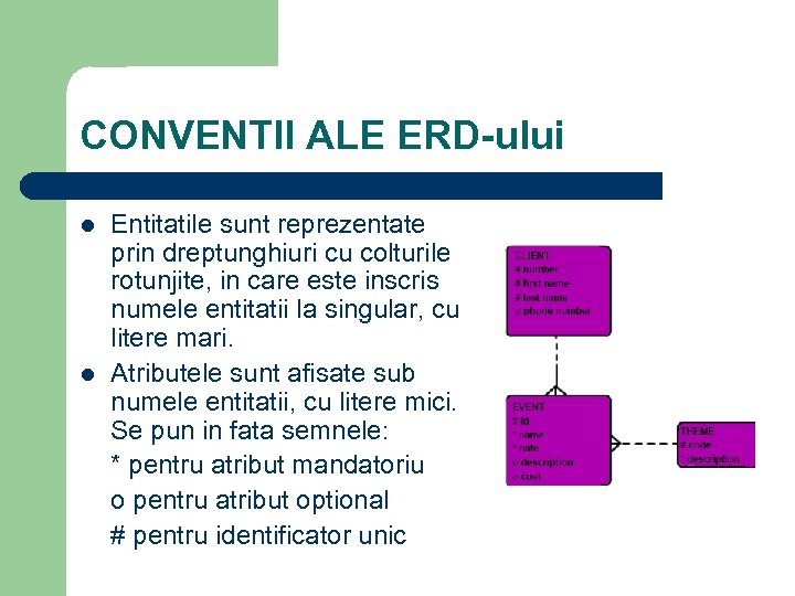 CONVENTII ALE ERD-ului l l Entitatile sunt reprezentate prin dreptunghiuri cu colturile rotunjite, in