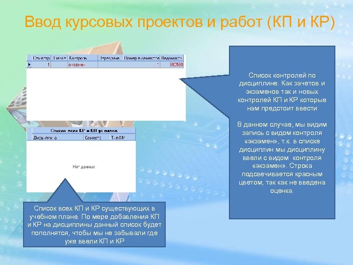 Ввод курсовых проектов и работ (КП и КР) Список контролей по дисциплине. Как зачетов