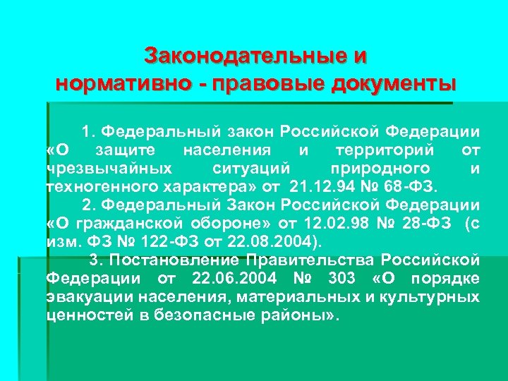 Законодательные и нормативно - правовые документы 1. Федеральный закон Российской Федерации «О защите населения