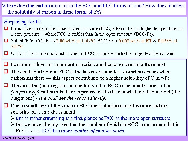 Where does the carbon atom sit in the BCC and FCC forms of iron?