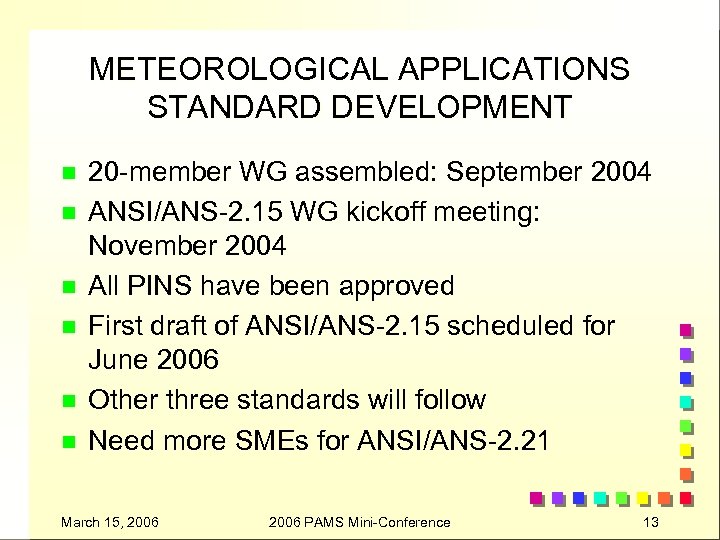 METEOROLOGICAL APPLICATIONS STANDARD DEVELOPMENT n n n 20 -member WG assembled: September 2004 ANSI/ANS-2.