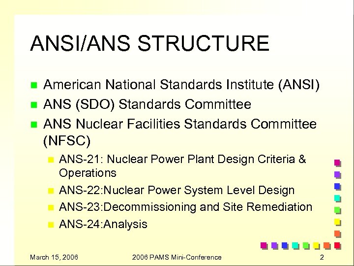 ANSI/ANS STRUCTURE n n n American National Standards Institute (ANSI) ANS (SDO) Standards Committee