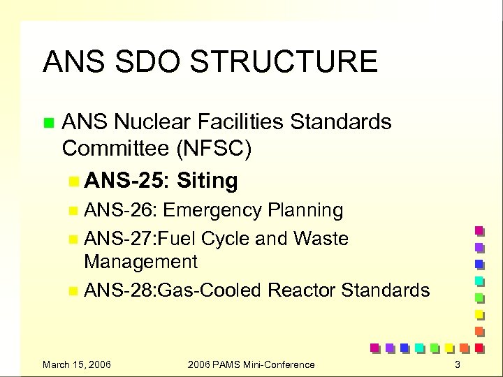 ANS SDO STRUCTURE n ANS Nuclear Facilities Standards Committee (NFSC) n ANS-25: Siting n
