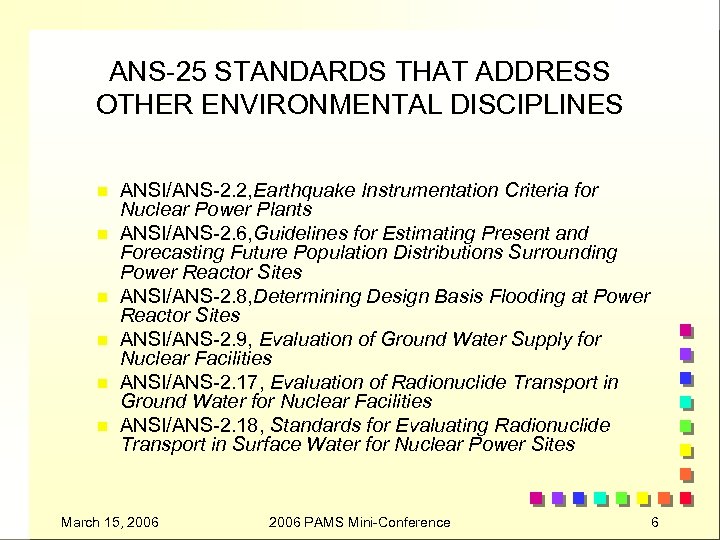ANS-25 STANDARDS THAT ADDRESS OTHER ENVIRONMENTAL DISCIPLINES n n n ANSI/ANS-2. 2, Earthquake Instrumentation