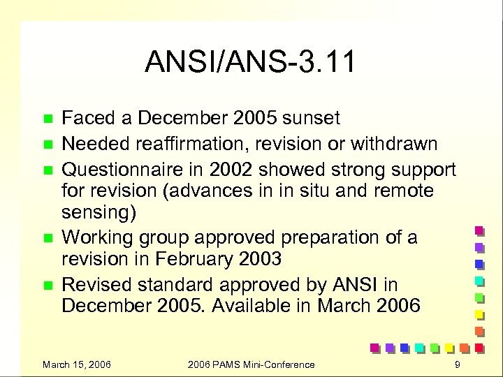 ANSI/ANS-3. 11 n n n Faced a December 2005 sunset Needed reaffirmation, revision or