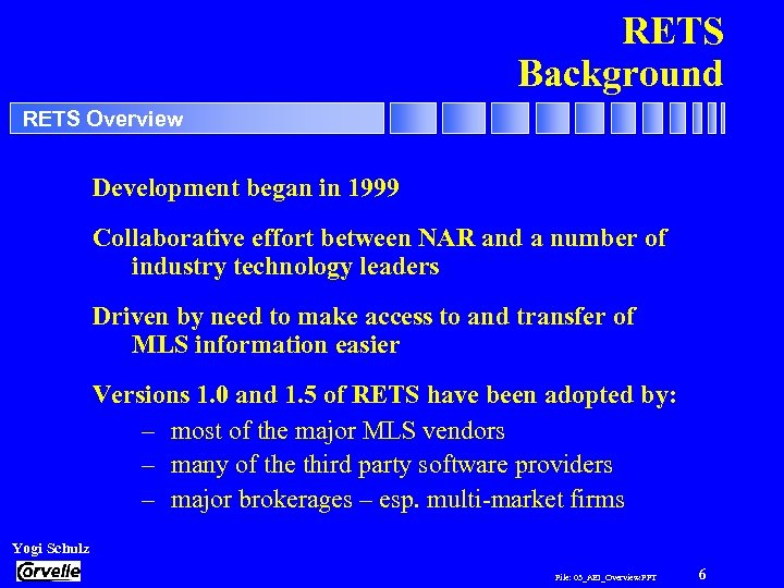 RETS Background RETS Overview Development began in 1999 Collaborative effort between NAR and a