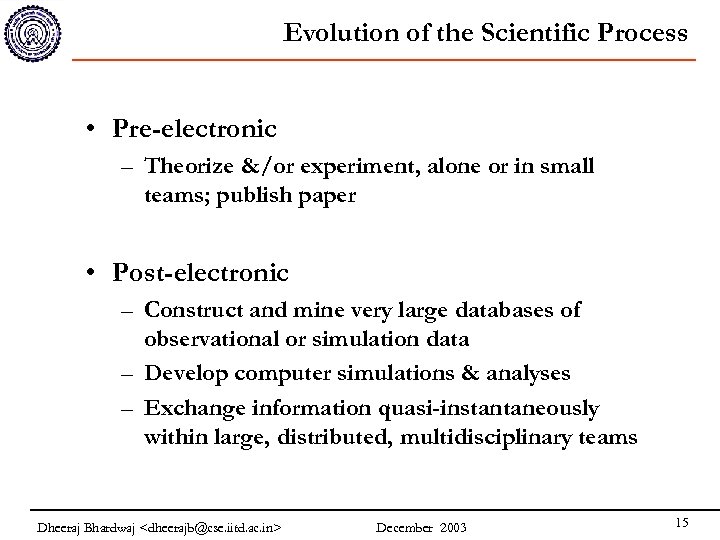 Evolution of the Scientific Process • Pre-electronic – Theorize &/or experiment, alone or in