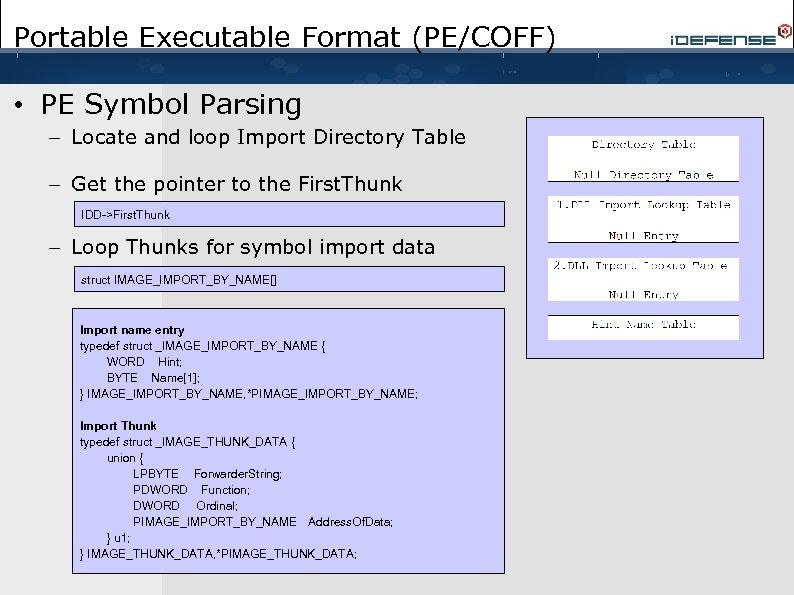 Portable Executable Format (PE/COFF) • PE Symbol Parsing – Locate and loop Import Directory