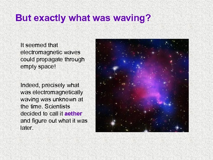 But exactly what was waving? It seemed that electromagnetic waves could propagate through empty