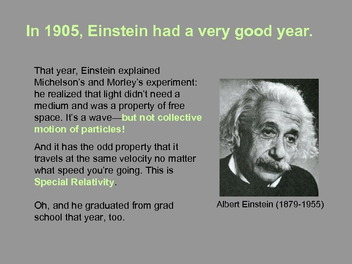 In 1905, Einstein had a very good year. That year, Einstein explained Michelson’s and