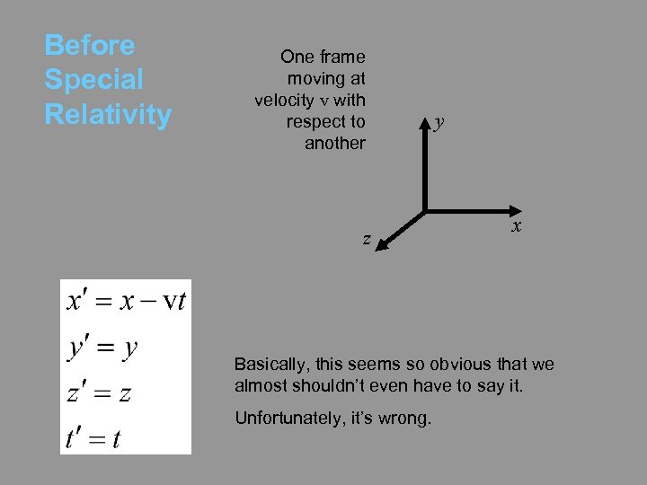 Before Special Relativity One frame moving at velocity v with respect to another z