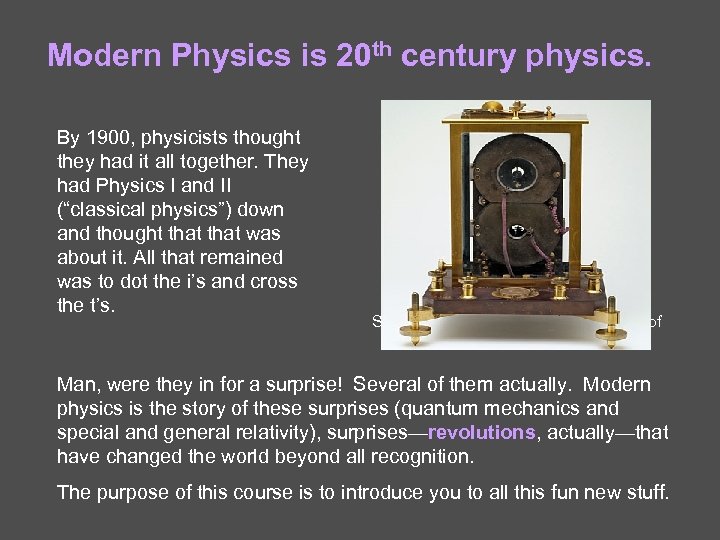 Modern Physics is 20 th century physics. By 1900, physicists thought they had it