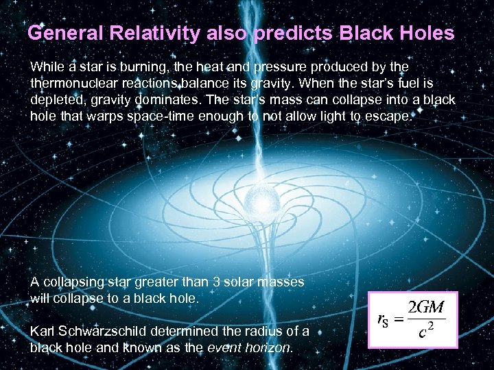 General Relativity also predicts Black Holes While a star is burning, the heat and