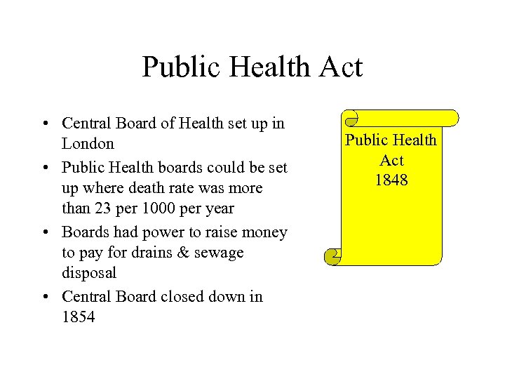 Public Health Act • Central Board of Health set up in London • Public