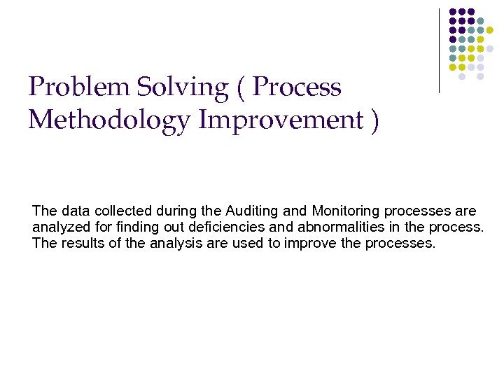 Problem Solving ( Process Methodology Improvement ) The data collected during the Auditing and