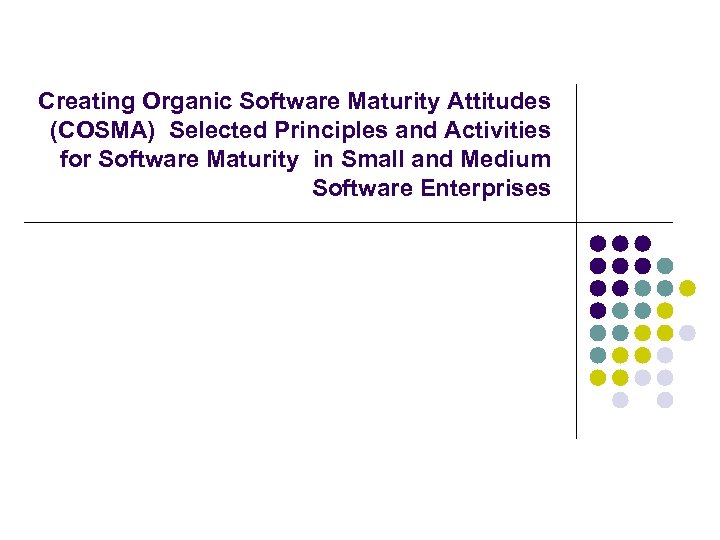 Creating Organic Software Maturity Attitudes (COSMA) Selected Principles and Activities for Software Maturity in