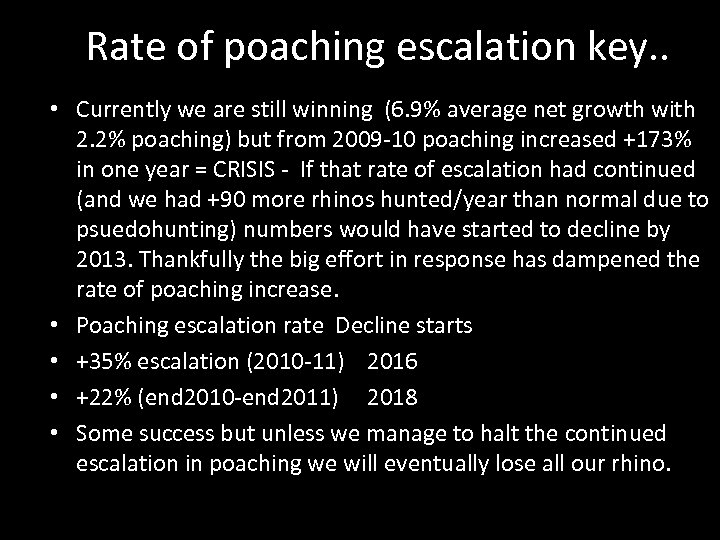 Rate of poaching escalation key. . • Currently we are still winning (6. 9%