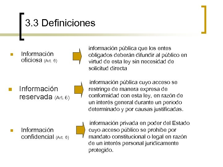 3. 3 Definiciones n n n Información oficiosa (Art. 6) Información reservada (Art. 6)