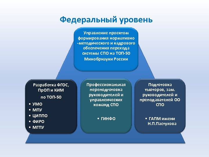 Федеральный уровень Управление проектом формирования нормативно -методического и кадрового обеспечения перехода системы СПО на