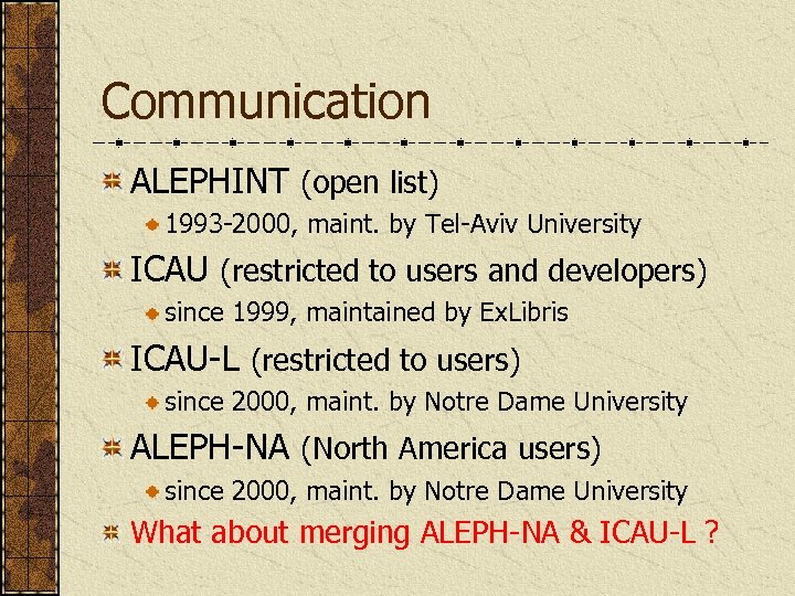 Communication ALEPHINT (open list) 1993 -2000, maint. by Tel-Aviv University ICAU (restricted to users