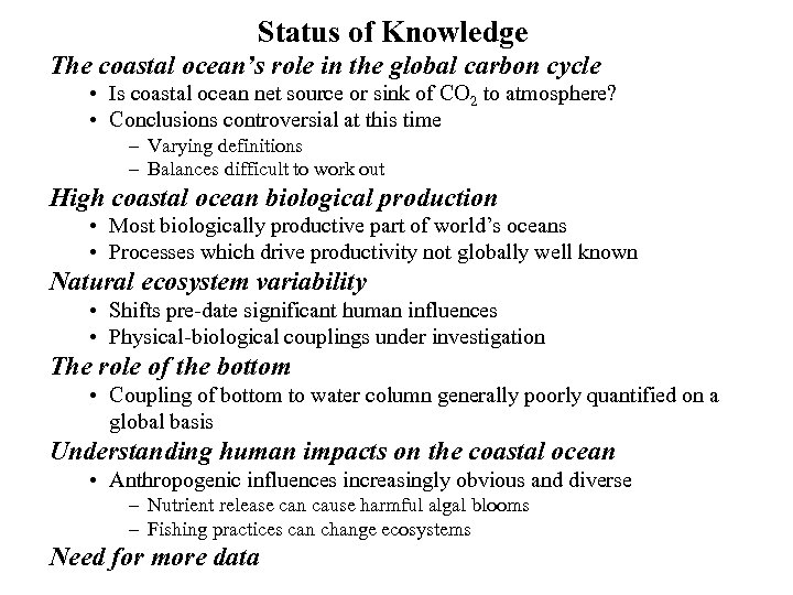 Status of Knowledge The coastal ocean’s role in the global carbon cycle • Is