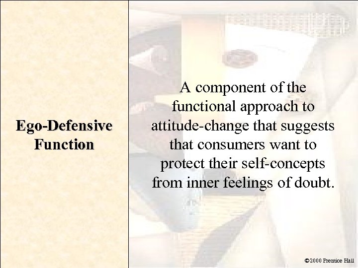 Ego-Defensive Function A component of the functional approach to attitude-change that suggests that consumers